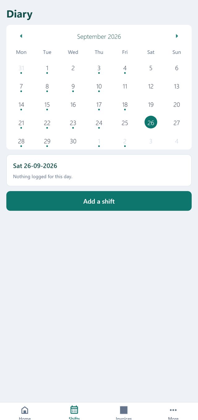 The Locum Pharmacist app's diary: a month calendar with a dot on each day worked