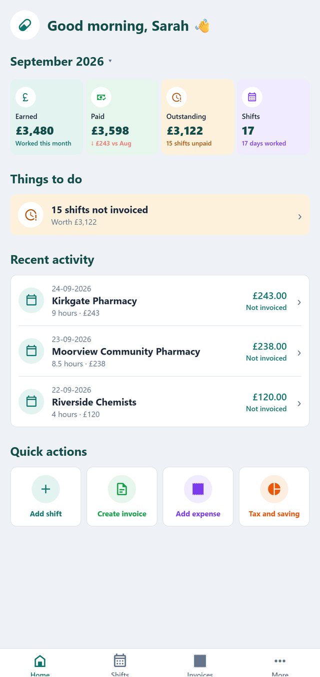 The Locum Pharmacist app's home screen: this month's earnings, shifts and what is outstanding