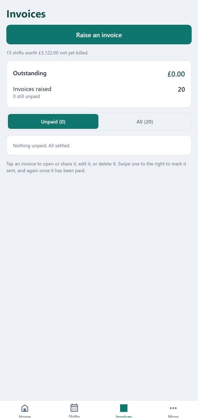 The Locum Pharmacist app's invoices screen: the shifts not yet billed and the invoices raised