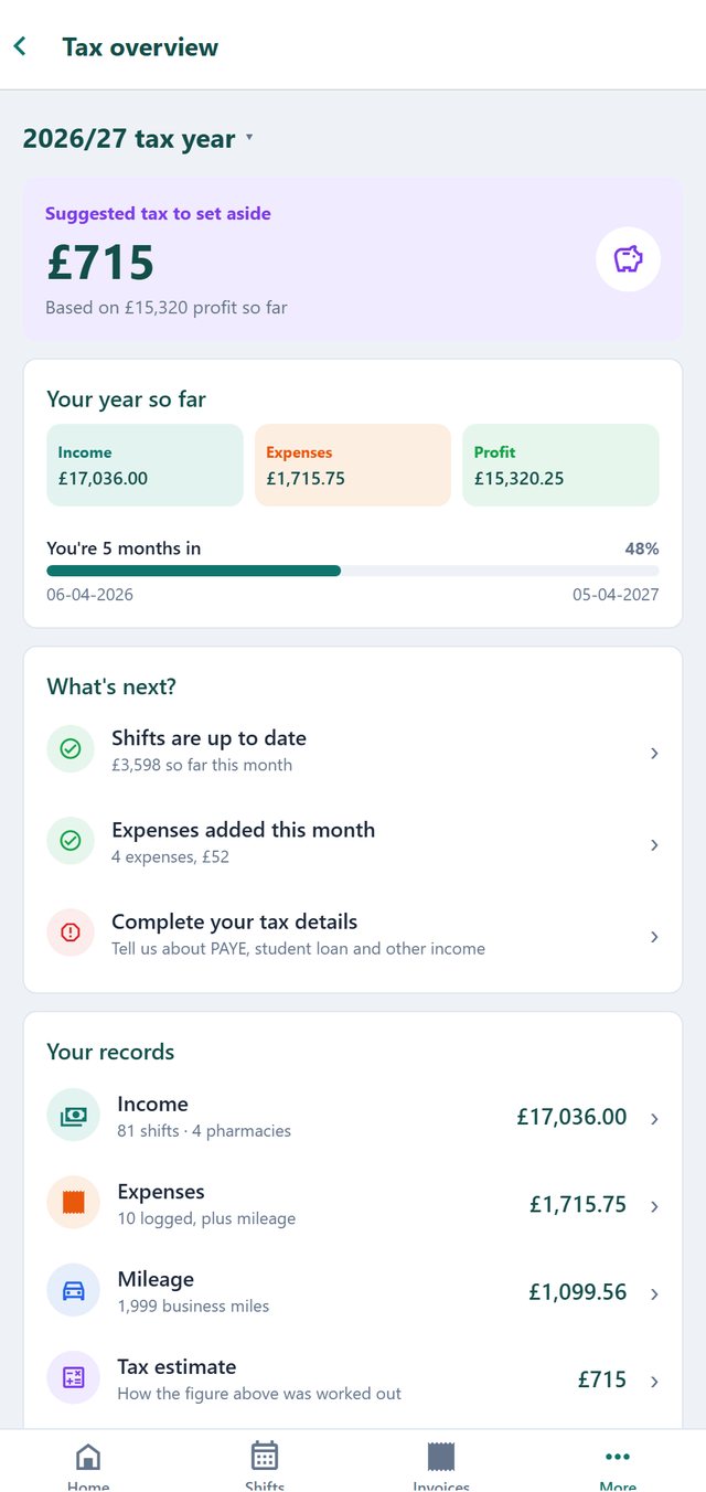 The Locum Pharmacist app's tax overview: suggested tax to set aside, income, expenses and profit